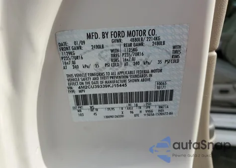 2009 Mercury Mariner Hybrid из США, поврежденный, VIN 4M2CU39339KJ15445